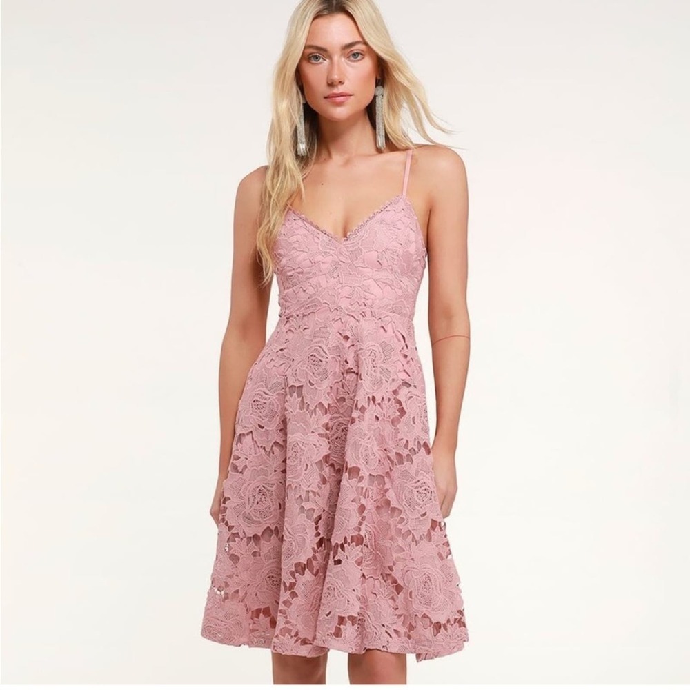 Lulus Dusty Rose Pink Nora Lee Lace Crocheted Fit & Flare Dress Size Small
